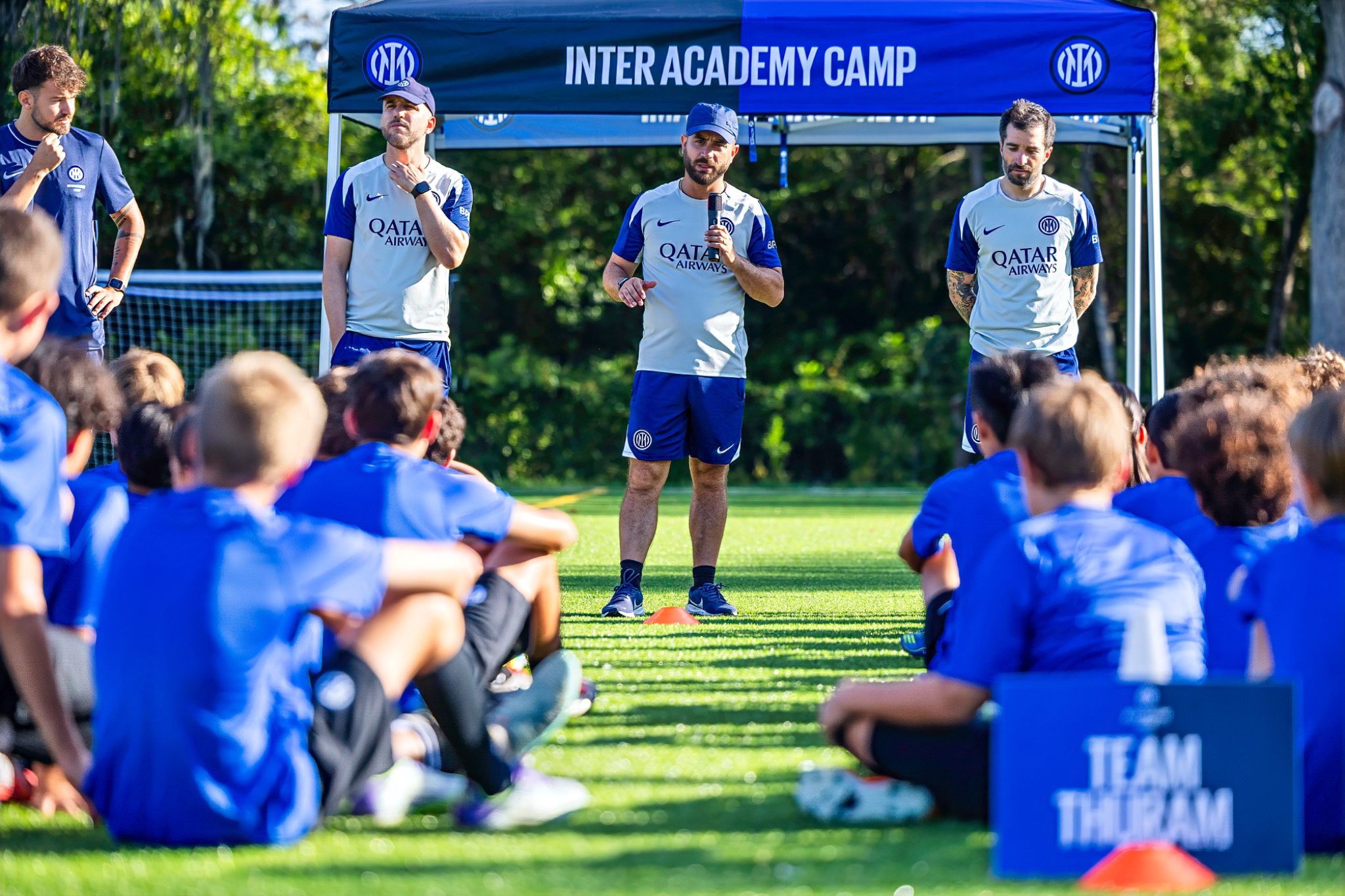 Inter Academy Milan camp coaches addressing youth soccer players in Deltona Florida June 2026